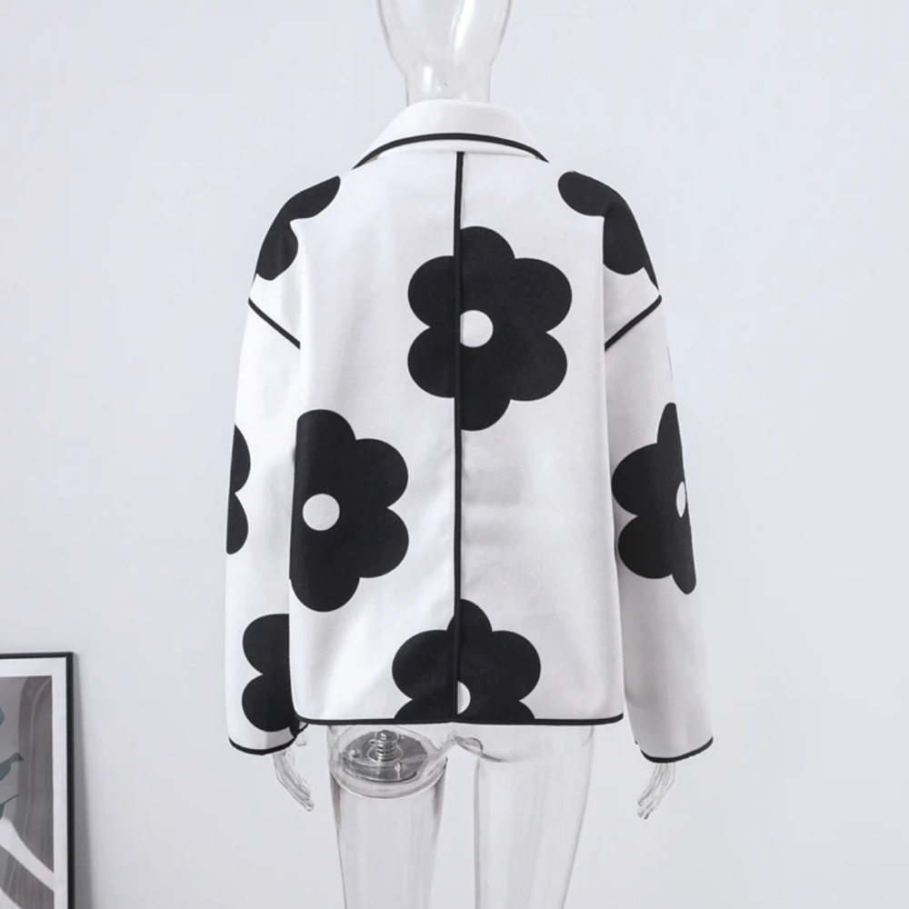 Black Daisy White Pull On Open Front Blazer Coat - Picture 2 of 6